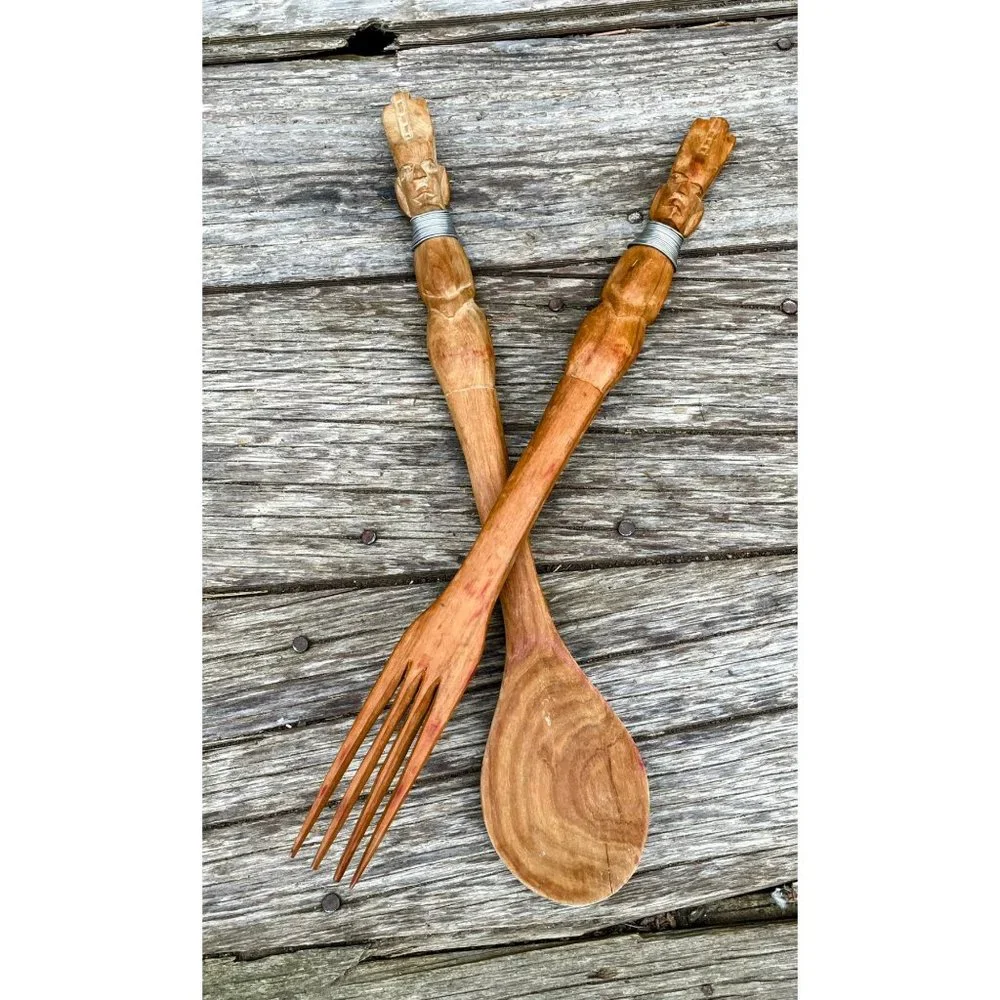 Vintage MCM Carved Wood African Salad Fork Spoon Head Bust handles
